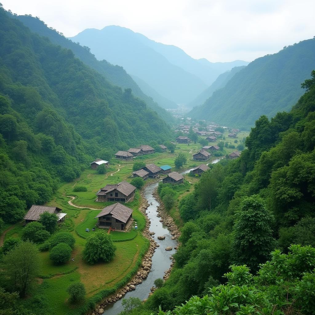 Bức tranh thiên nhiên hùng vĩ của thung lũng Xã Nghĩa Đô, Tỉnh Lào Cai với núi rừng và suối chảy