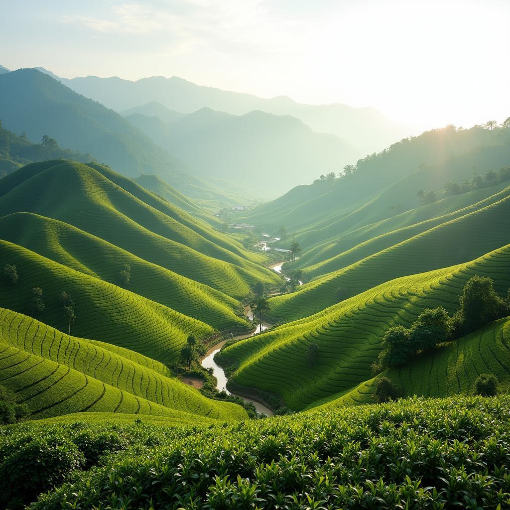 Vẻ đẹp bình yên của xã Thái Hòa, tỉnh Phú Thọ với đồi chè xanh mướt và đồng lúa bát ngát.