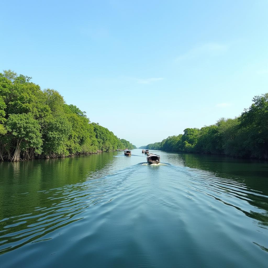 Hình ảnh một góc sông Soài Rạp hiền hòa tại Xã Nhà Bè, huyện Nhà Bè với thuyền bè qua lại và cây cối xanh tươi ven bờ.