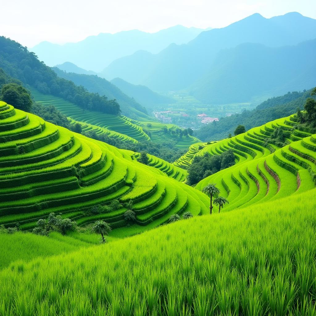 Cảnh quan yên bình tại Xã Hà Lang, Tỉnh Tuyên Quang với những thửa ruộng bậc thang xanh mướt