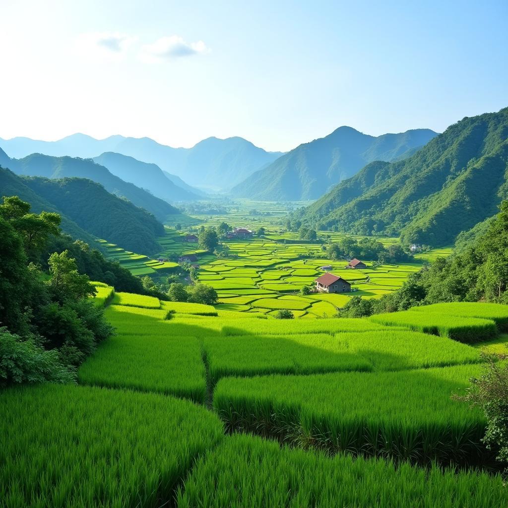 Khung cảnh yên bình với núi đồi và ruộng bậc thang tại Xã Khuôn Lùng, Tỉnh Tuyên Quang
