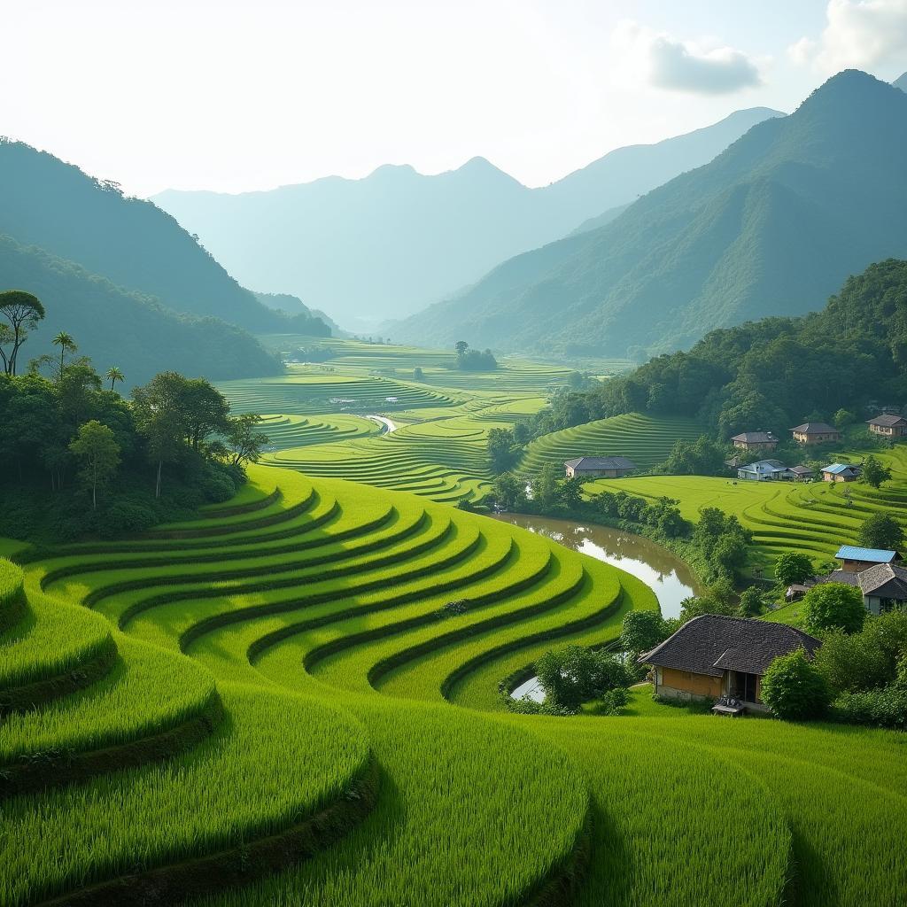 Cảnh quan thiên nhiên yên bình tại Xã Thắng Mố, Tỉnh Tuyên Quang với núi non và ruộng bậc thang