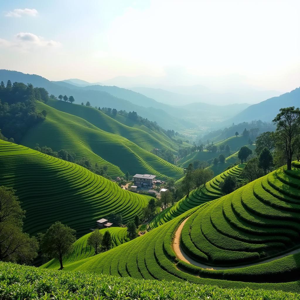 Cảnh quan xanh mát, đồi chè và nương rẫy tại Xã Thượng Minh, Tỉnh Thái Nguyên, thể hiện vẻ đẹp nông thôn yên bình