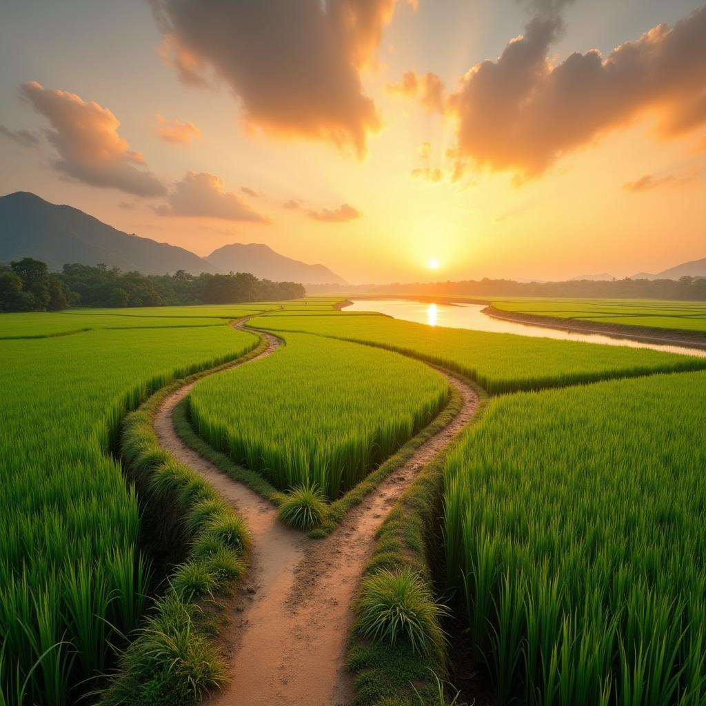 Khung cảnh làng quê yên bình tại Xã An Bình, Phú Thọ với cánh đồng lúa và con đường đất nhỏ ven sông.