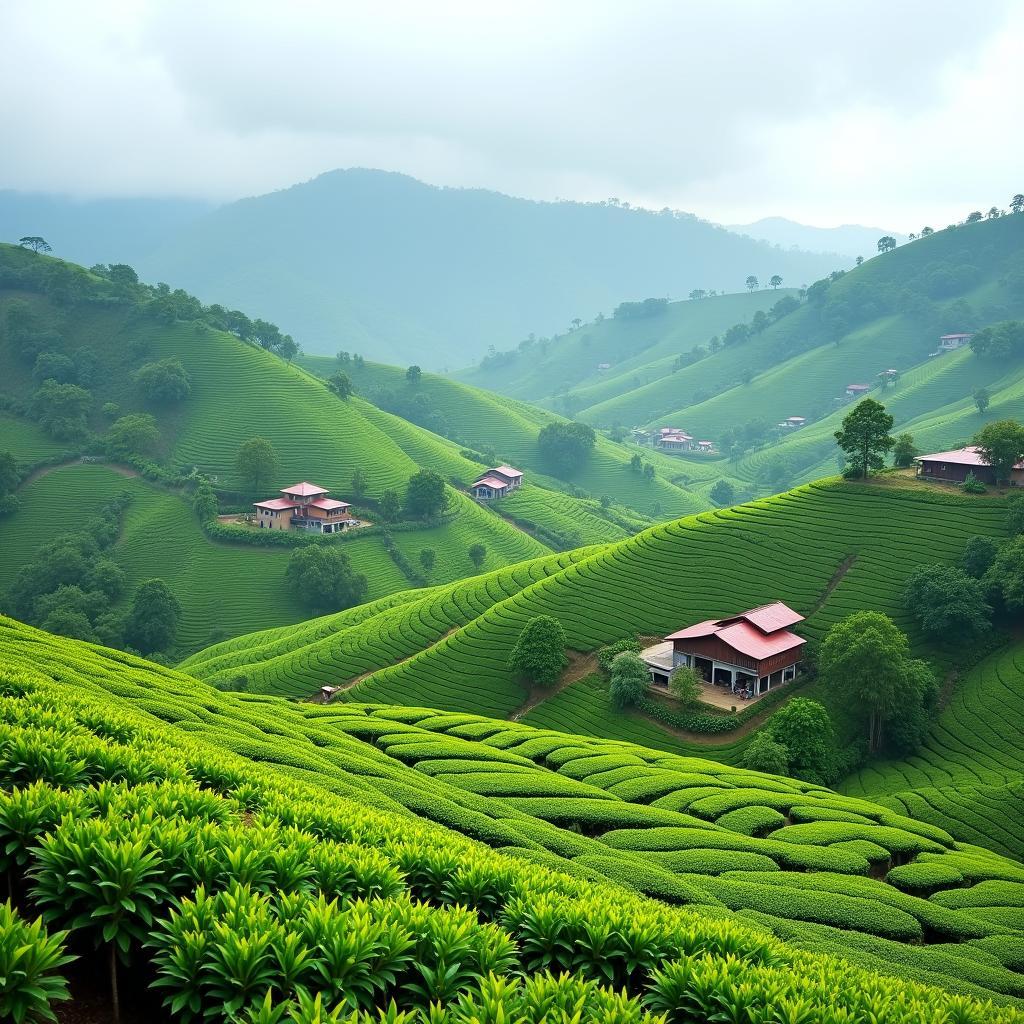 Hình ảnh phong cảnh yên bình đặc trưng của vùng nông thôn Xã Ba Vì với những nương chè xanh mướt