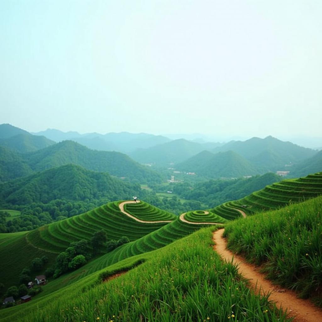 Bức tranh phong cảnh bình dị tại Xã Chợ Mới tỉnh Thái Nguyên với những ngọn đồi xanh mướt và con đường đất nhỏ quanh co