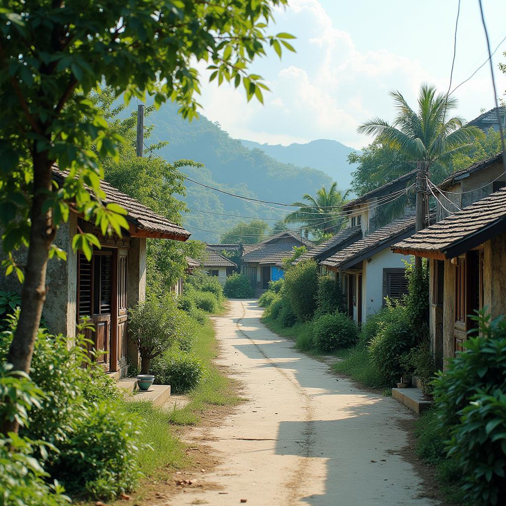 Hình ảnh một góc cảnh quan yên bình tại Xã Hạ Bằng, Huyện Thạch Thất, Thành phố Hà Nội, thể hiện không khí làng quê đặc trưng