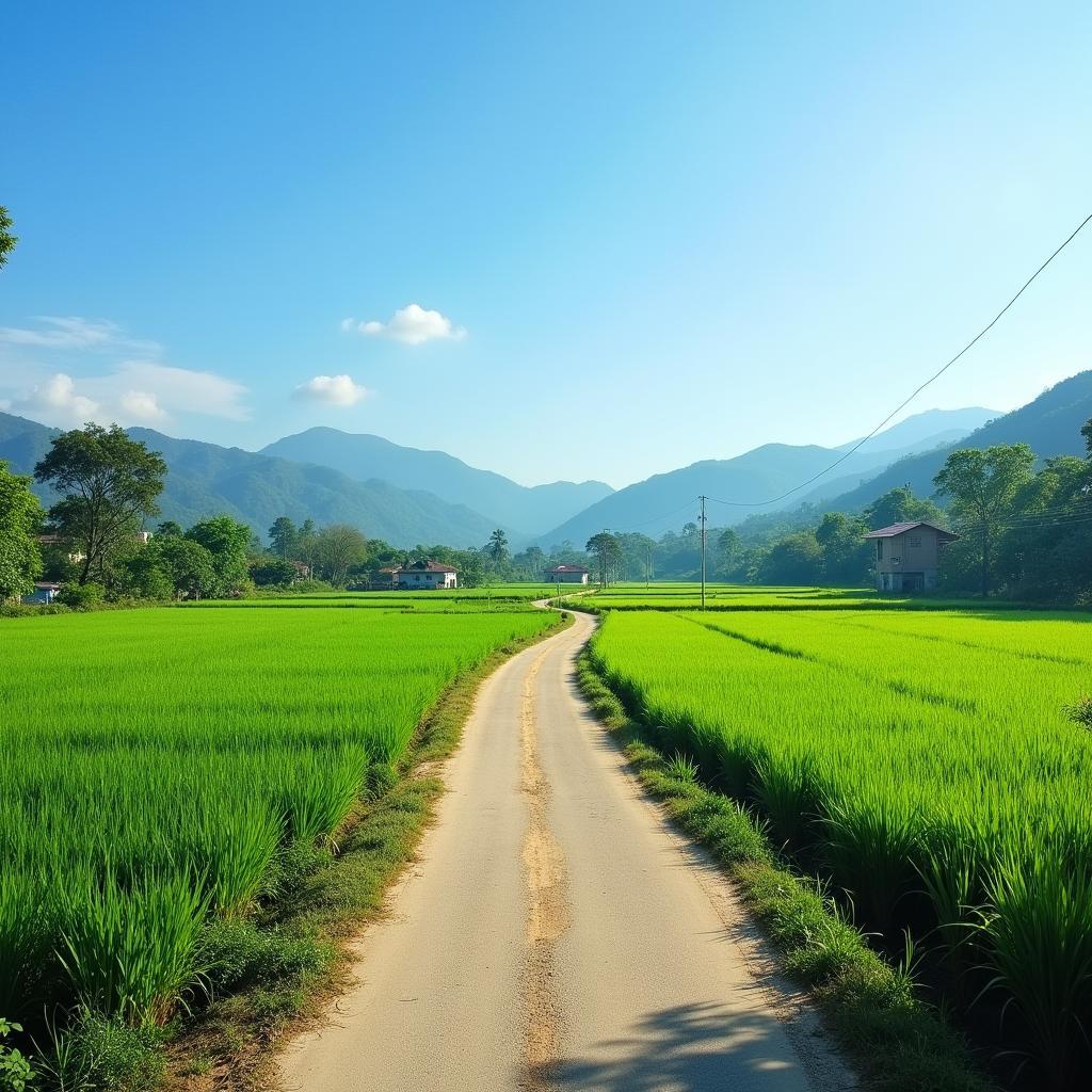 Toàn cảnh không gian thanh bình và mộc mạc tại xã Nam Cường, tỉnh Hưng Yên với đồng lúa và con đường làng