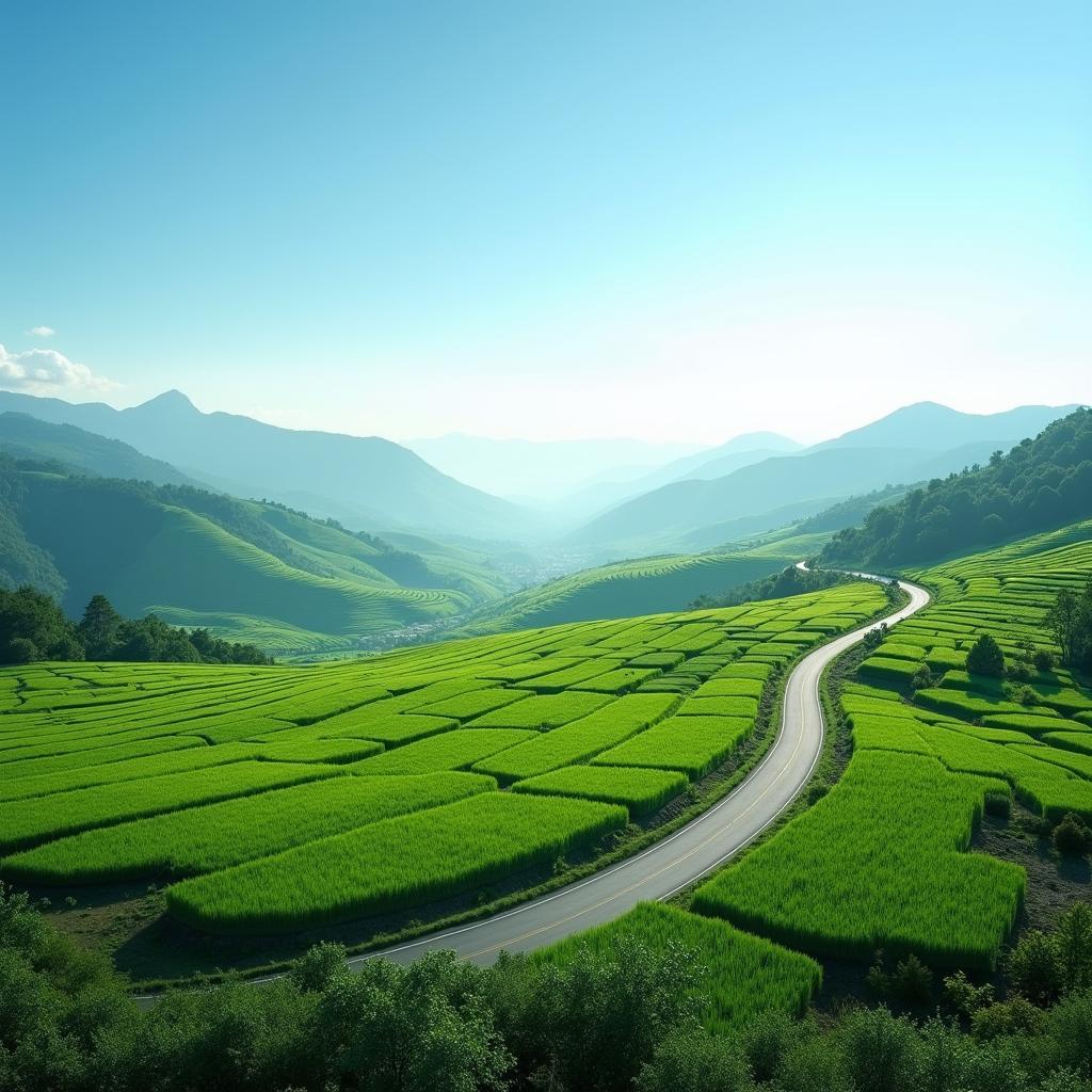 Toàn cảnh xã Tân Khánh, huyện Phú Bình với những cánh đồng lúa xanh mướt và con đường làng quanh co