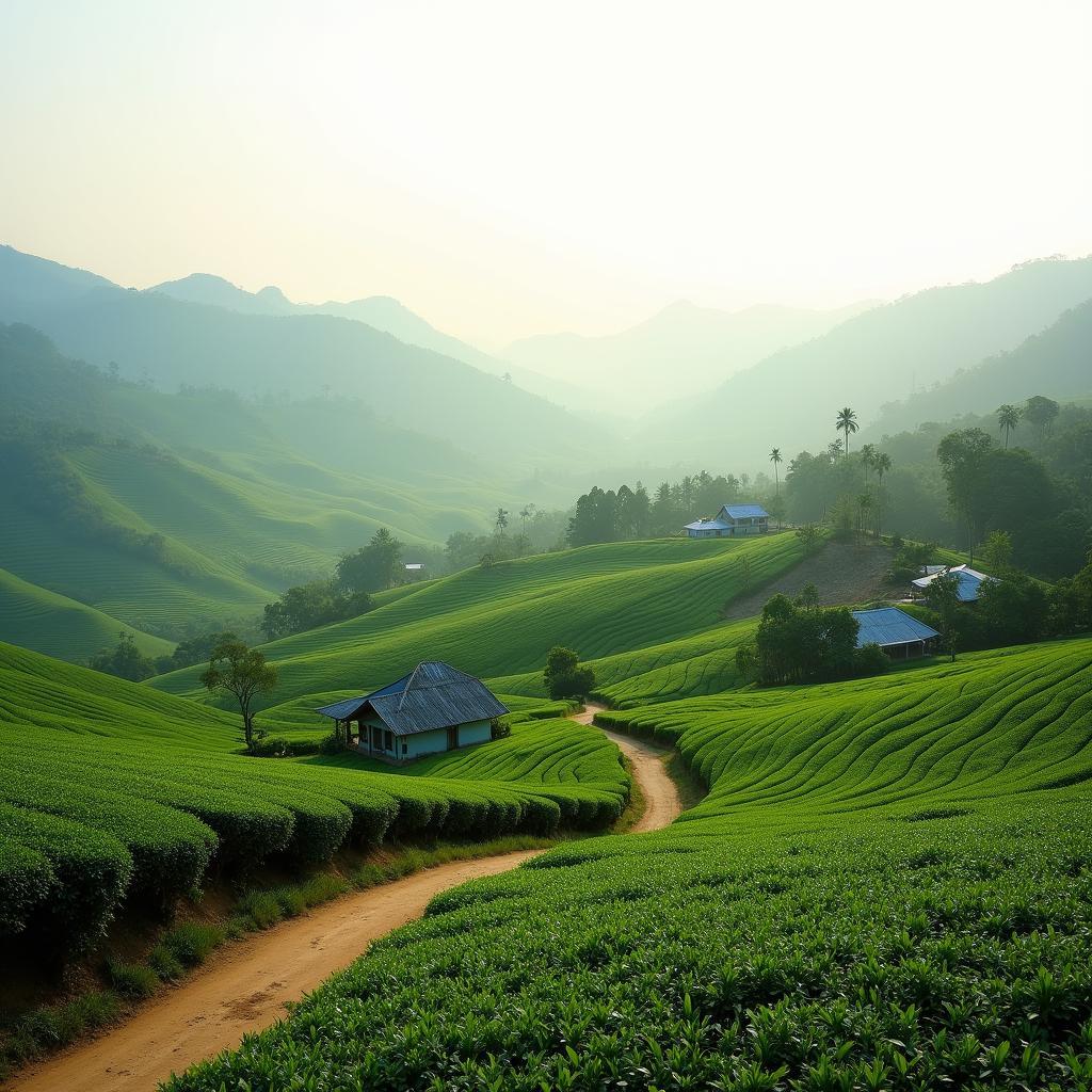 Toàn cảnh vẻ đẹp bình dị của xã Tân Mai, tỉnh Phú Thọ với những đồi chè xanh mướt và con đường làng quanh co