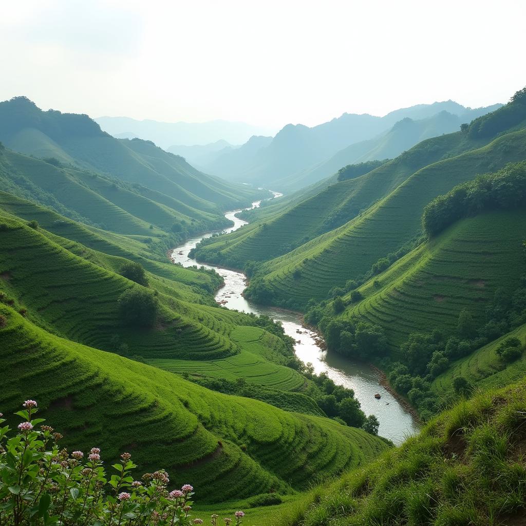 Khung cảnh thiên nhiên yên bình tại Xã Yên Lập, Tỉnh Phú Thọ với đồi cây và sông suối
