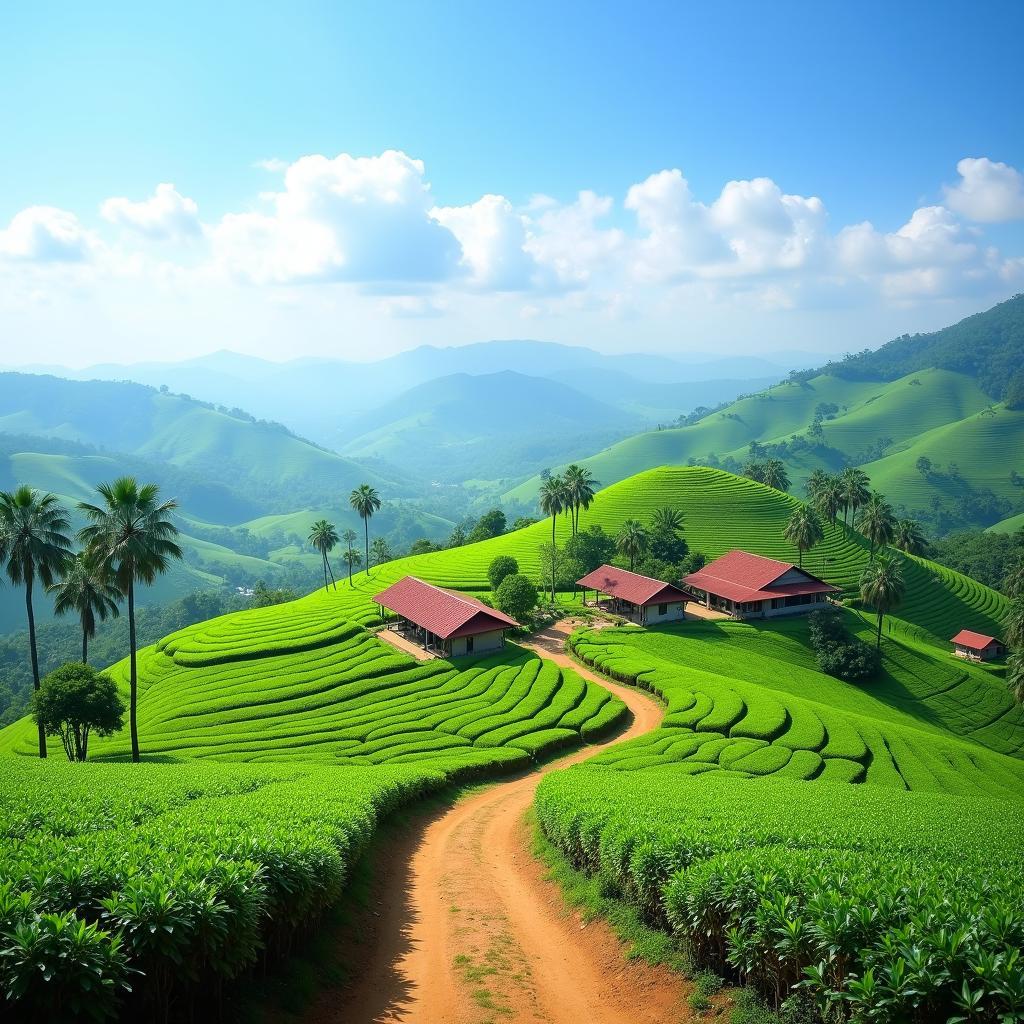 Khung cảnh đồi chè xanh mướt trải dài và những ngôi nhà mái ngói bình yên tại xã Dũng Tiến, Phú Thọ