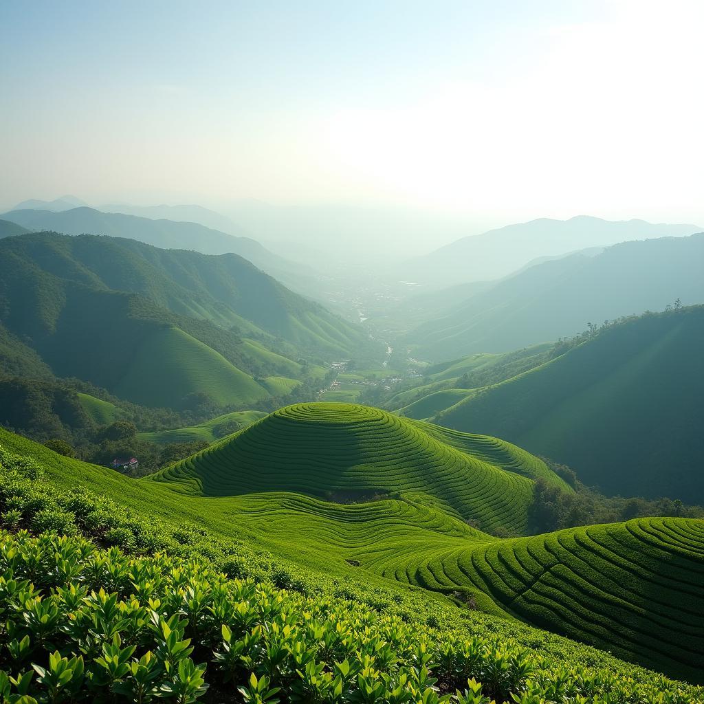 Khung cảnh đồi chè xanh mướt trải dài tại xã Lai Đồng tỉnh Phú Thọ vào một buổi sáng trong lành