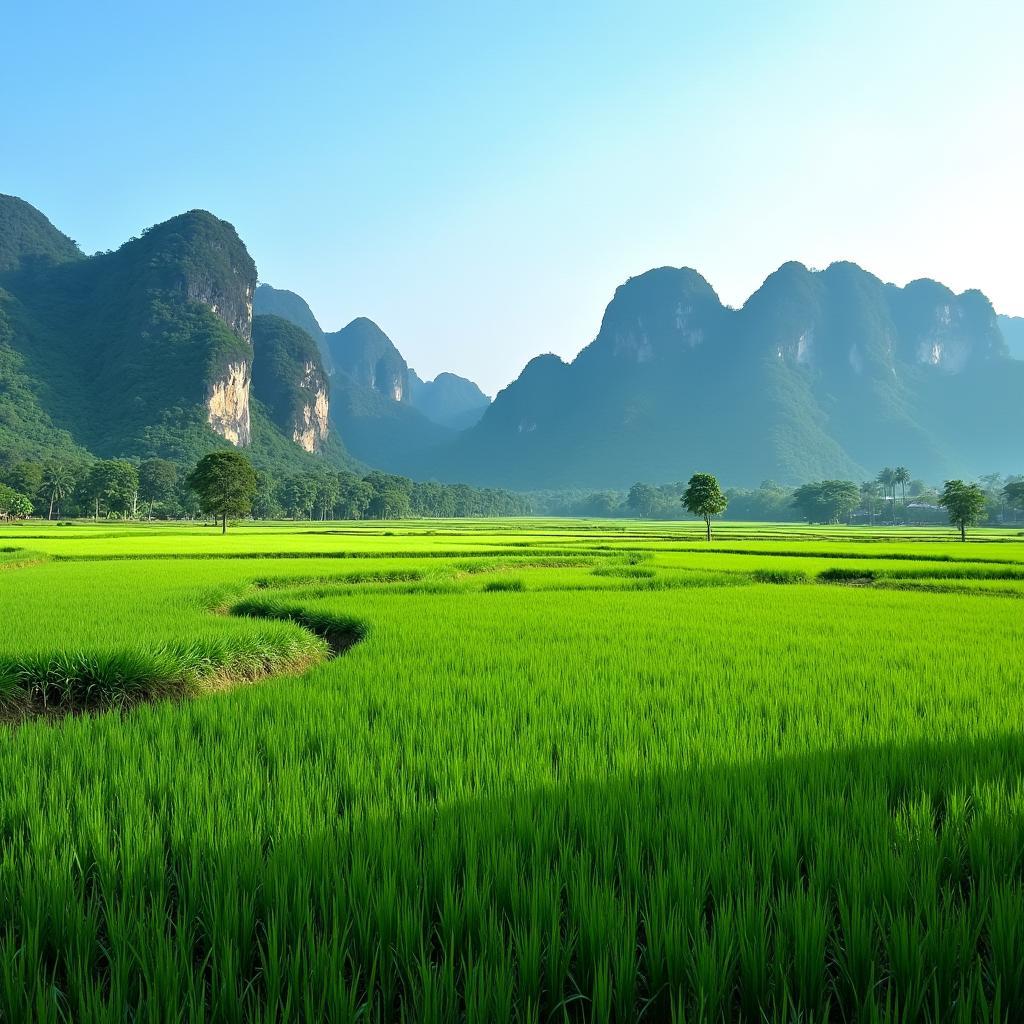 Cảnh sắc làng quê yên bình với cánh đồng lúa và núi đá vôi đặc trưng Huyện Chương Mỹ