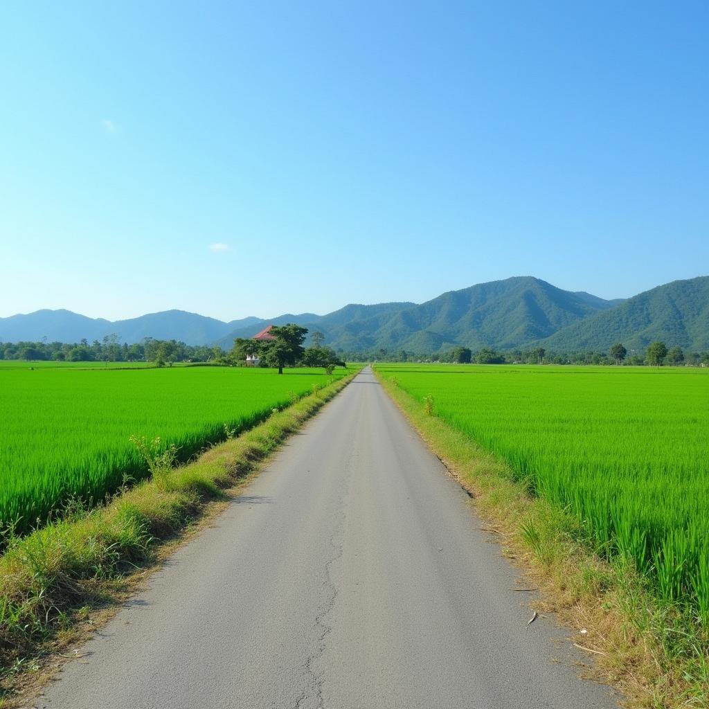 Khung cảnh một con đường làng yên bình ở xã Phú Lương, tỉnh Thái Nguyên với hai bên là những cánh đồng xanh mướt