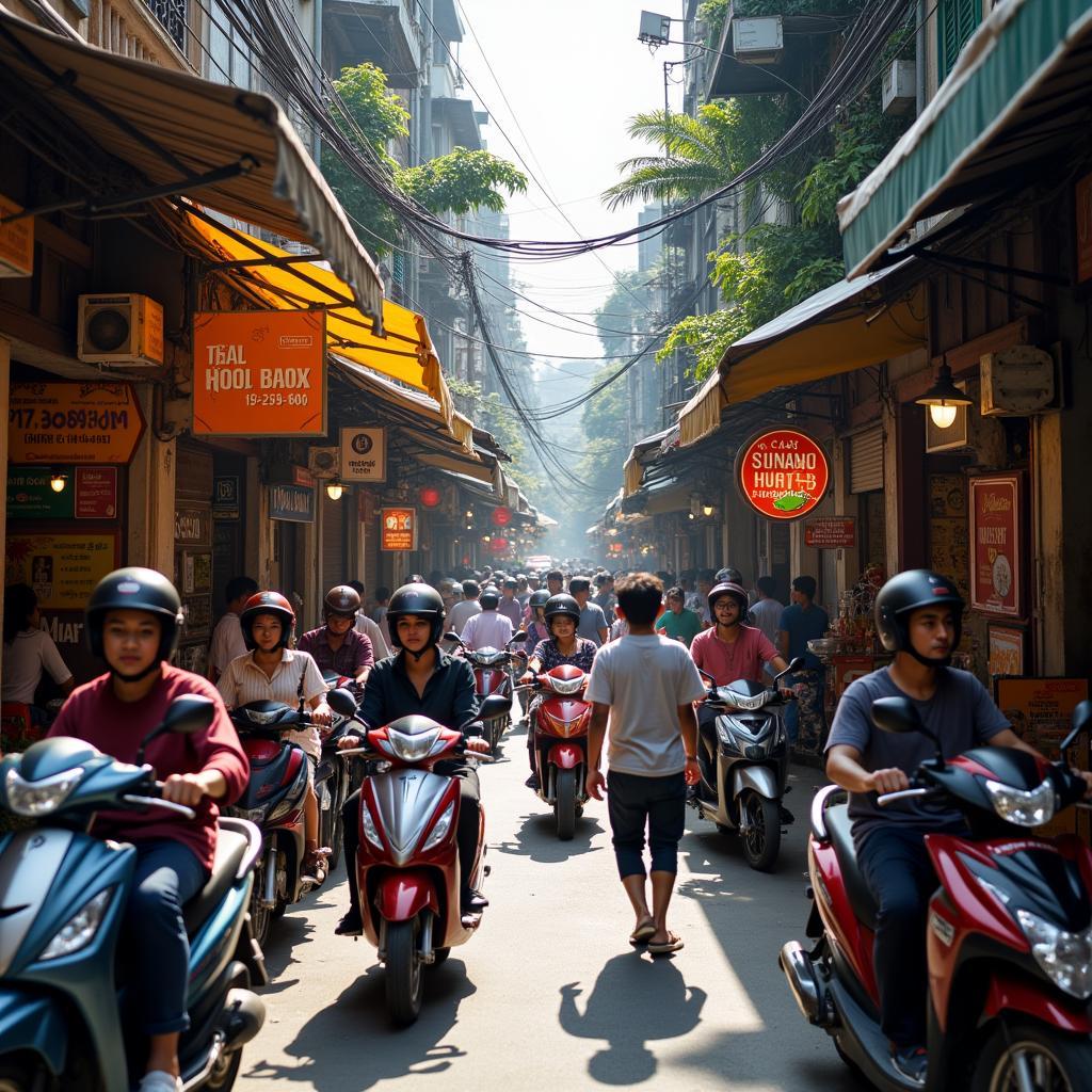 Khung cảnh sinh hoạt nhộn nhịp với người đi lại và cửa hàng trong Ngõ 639 Hoàng Hoa Thám