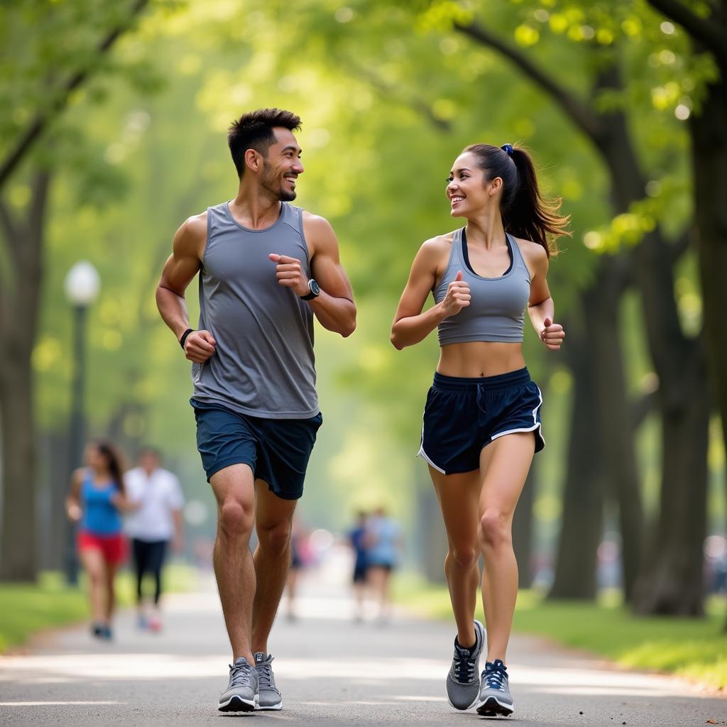 Hai người bạn thân, một nam một nữ, đang cùng nhau chạy bộ và cười nói vui vẻ trong công viên, thể hiện lợi ích sức khỏe tinh thần và thể chất.