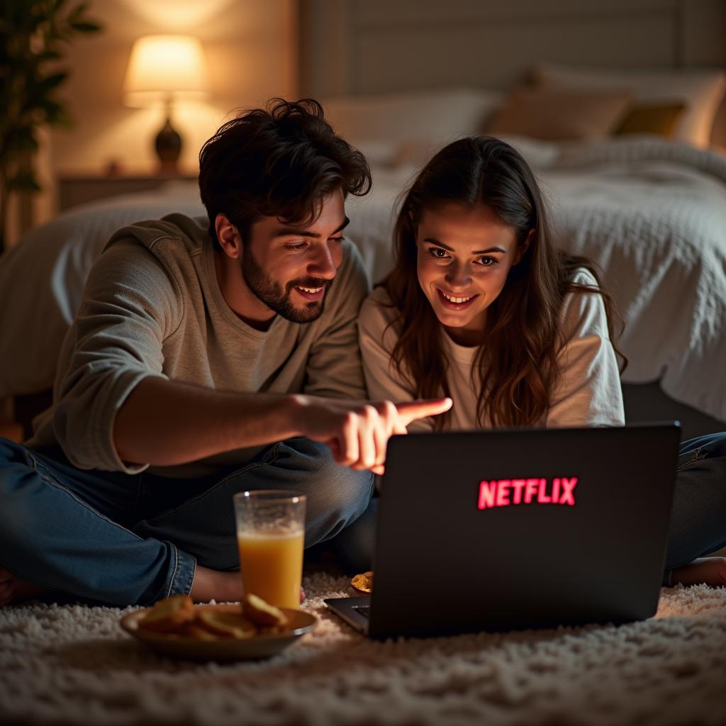 Hai người bạn thân đang cùng nhau xem một series Netflix về tình bạn trên laptop và thảo luận sôi nổi.