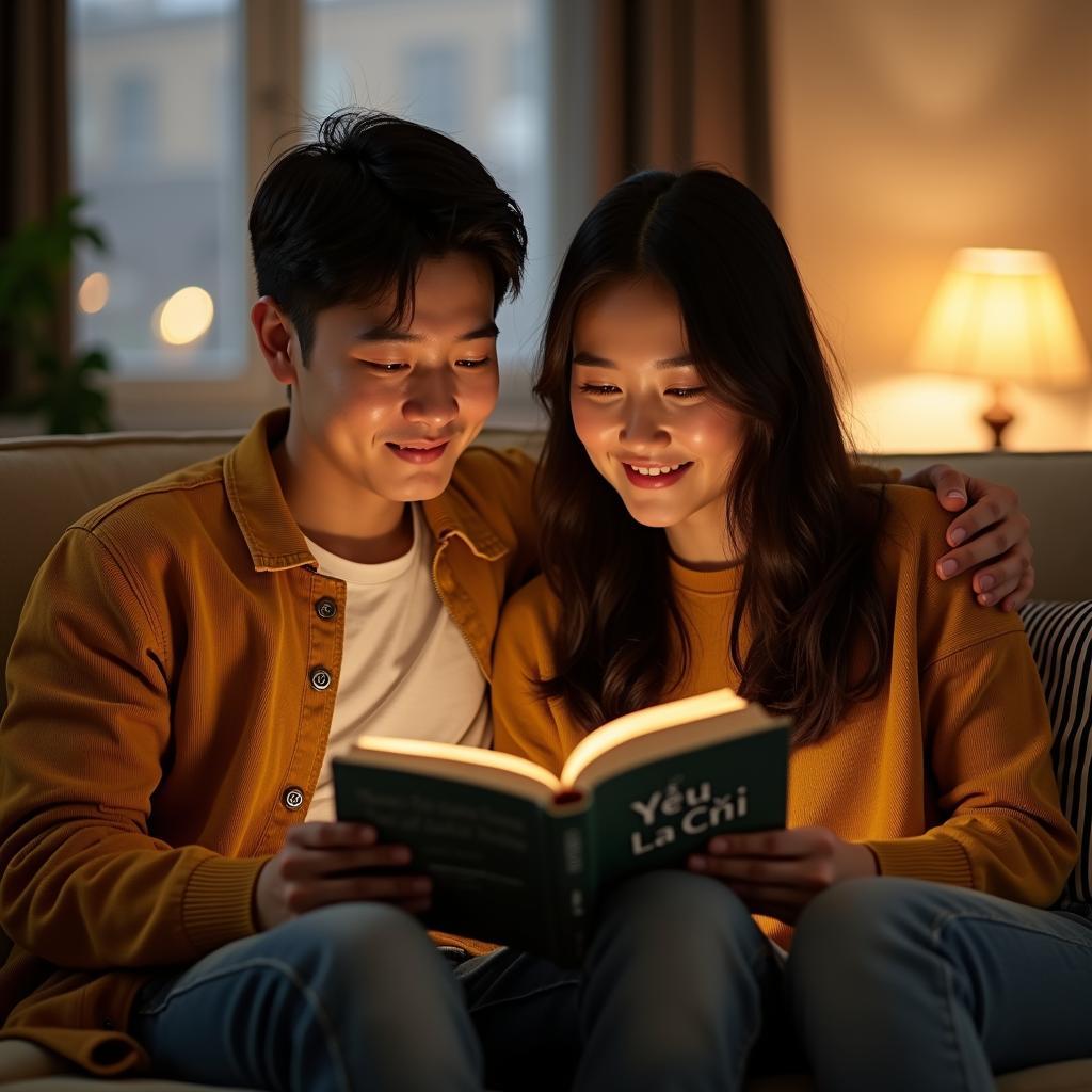 Cặp đôi trẻ cùng nhau đọc sách Yêu Là Cưới, thể hiện sự đồng điệu và chuẩn bị cho hôn nhân