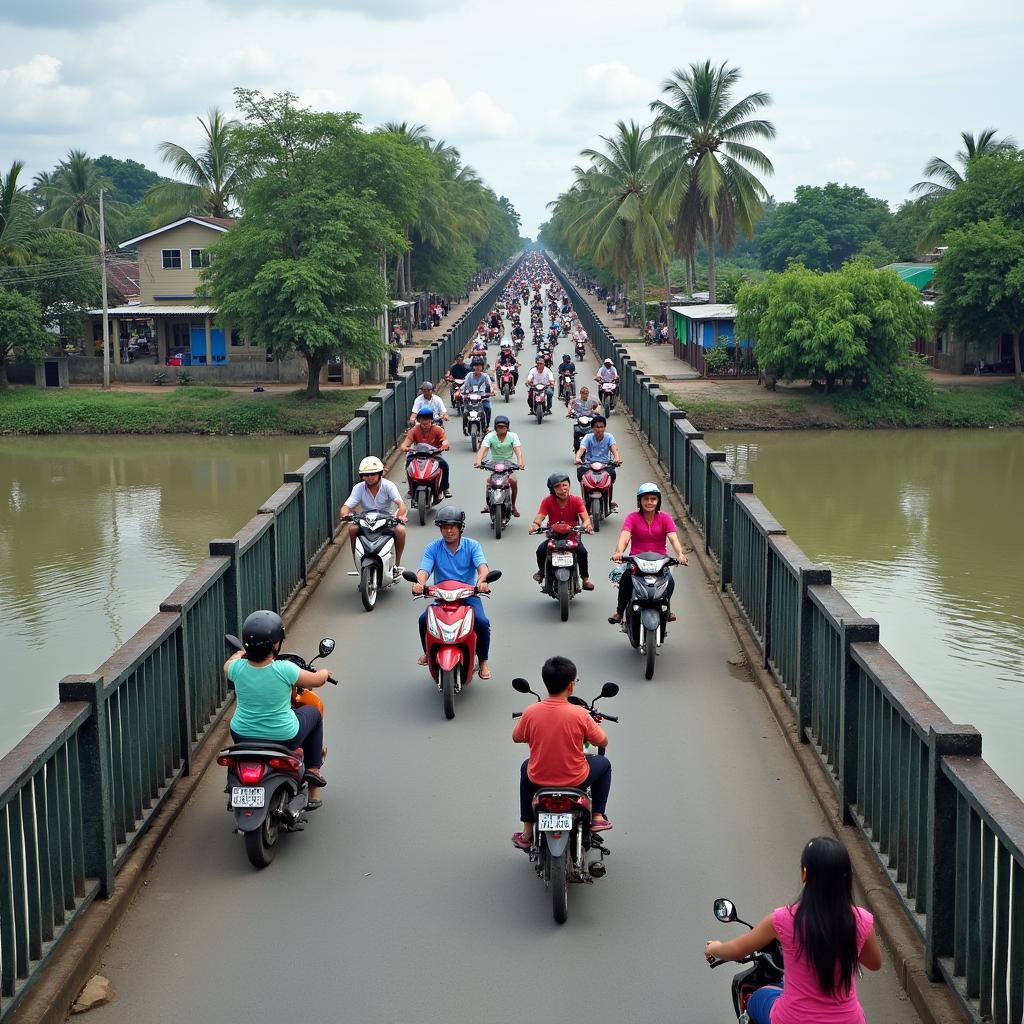 Cầu Kênh C ở xã Tân Nhựt, Bình Chánh với người dân đi lại bằng xe máy, xe đạp hàng ngày.