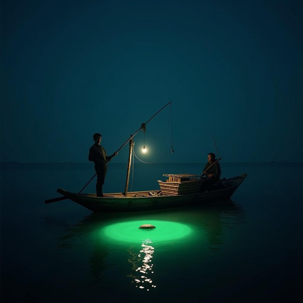 Hình ảnh người ngồi câu mực trên thuyền thúng một mình giữa biển đêm tĩnh lặng