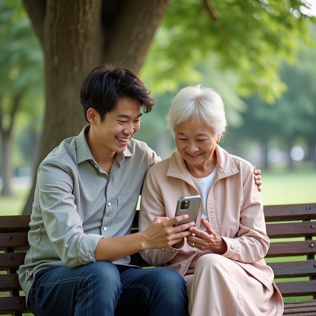 Khoảnh khắc một người trẻ đang giúp một người bạn lớn tuổi sử dụng điện thoại thông minh, thể hiện sự gắn kết trong tình bạn già-trẻ.