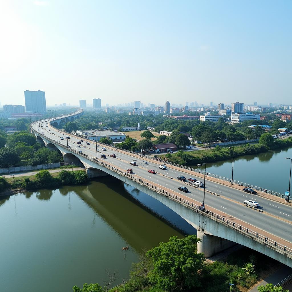 Hình ảnh toàn cảnh Cầu Thới An tại Thới Hòa, Bến Cát, Bình Dương với xe cộ qua lại nhộn nhịp hàng ngày.