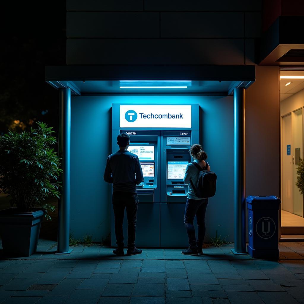 Cây ATM Techcombank Trung Hoà thế hệ mới hoạt động 24/7, có mái che và ánh sáng tốt vào ban đêm.