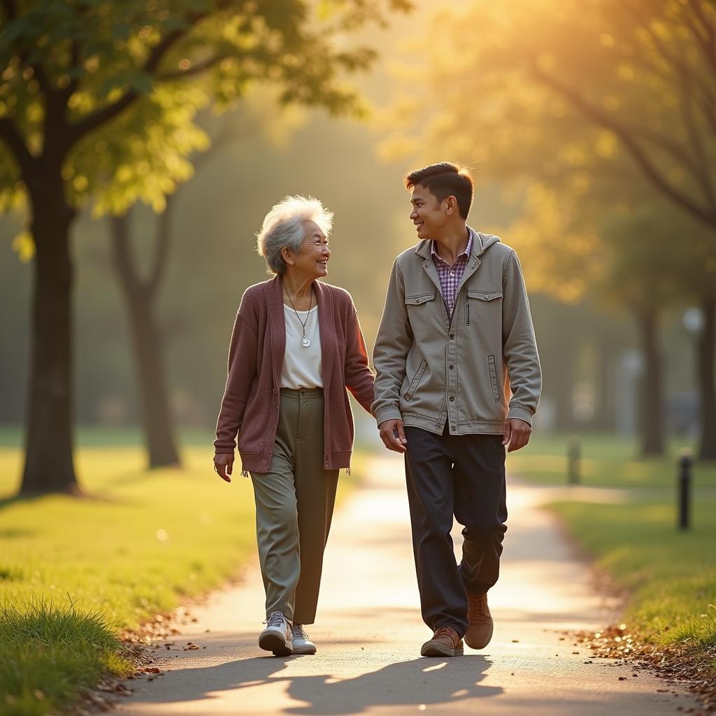 Hình ảnh một người lớn tuổi và một bạn trẻ đang cùng nhau đi dạo trong công viên, tượng trưng cho cây cầu tình bạn giữa thế hệ được xây dựng từ sự thấu hiểu và chia sẻ.
