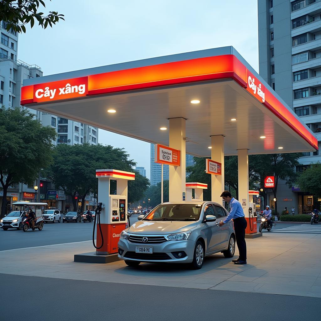 Toàn cảnh Cây xăng Làng Nhà, Làng Trạm, Long Biên với các trụ bơm xăng hiện đại và xe cộ đang vào nạp nhiên liệu.