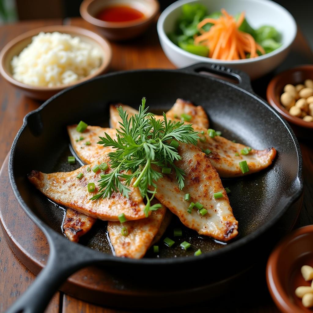 Chả cá Lã Vọng Anh Vũ Trung Hòa sizzling trên chảo gang.