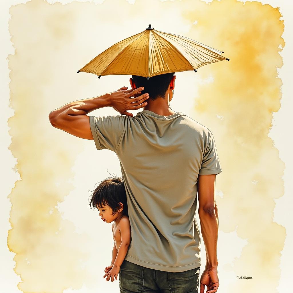 Hình ảnh người cha là bóng cả đời con, dang rộng vòng tay che chở cho đứa con bé bỏng của mình.