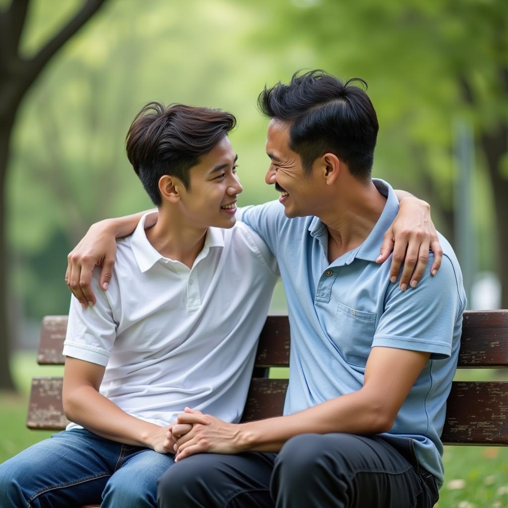 Cha mẹ và con cái trong tuổi vị thành niên đang chia sẻ tâm sự, tạo nên mối quan hệ bạn bè trong gia đình
