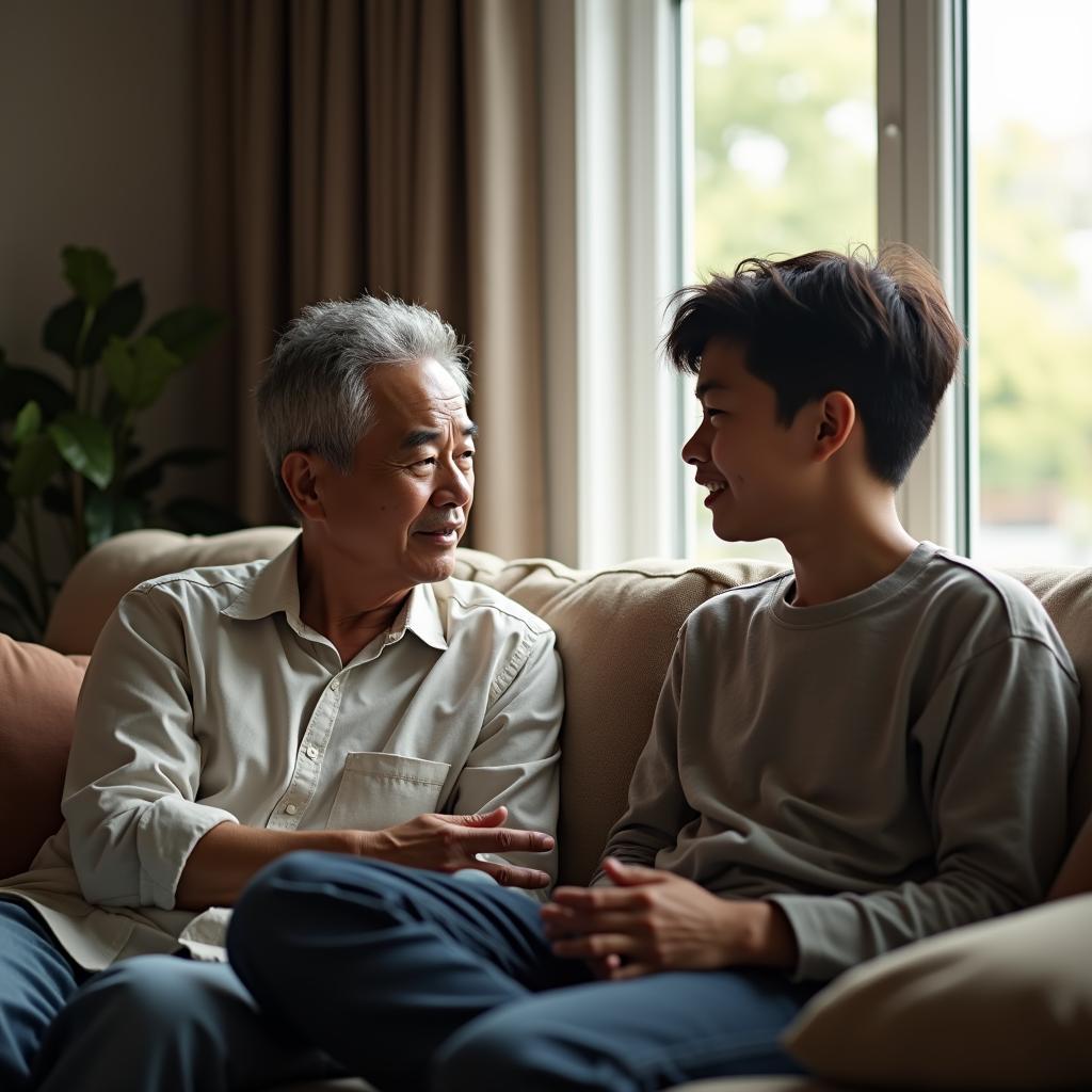Hình ảnh hai cha con ở hai thế hệ ngồi trò chuyện thân mật, thể hiện sự thấu hiểu và kết nối sâu sắc.