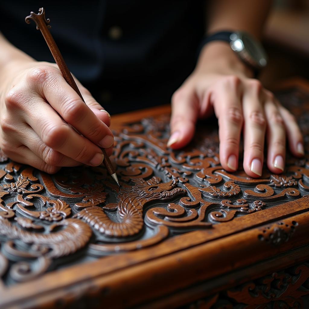Cận cảnh bàn tay nghệ nhân đang tỉ mỉ chạm khắc hoa văn rồng phượng trên một sản phẩm gỗ mỹ nghệ Đồng Kỳ