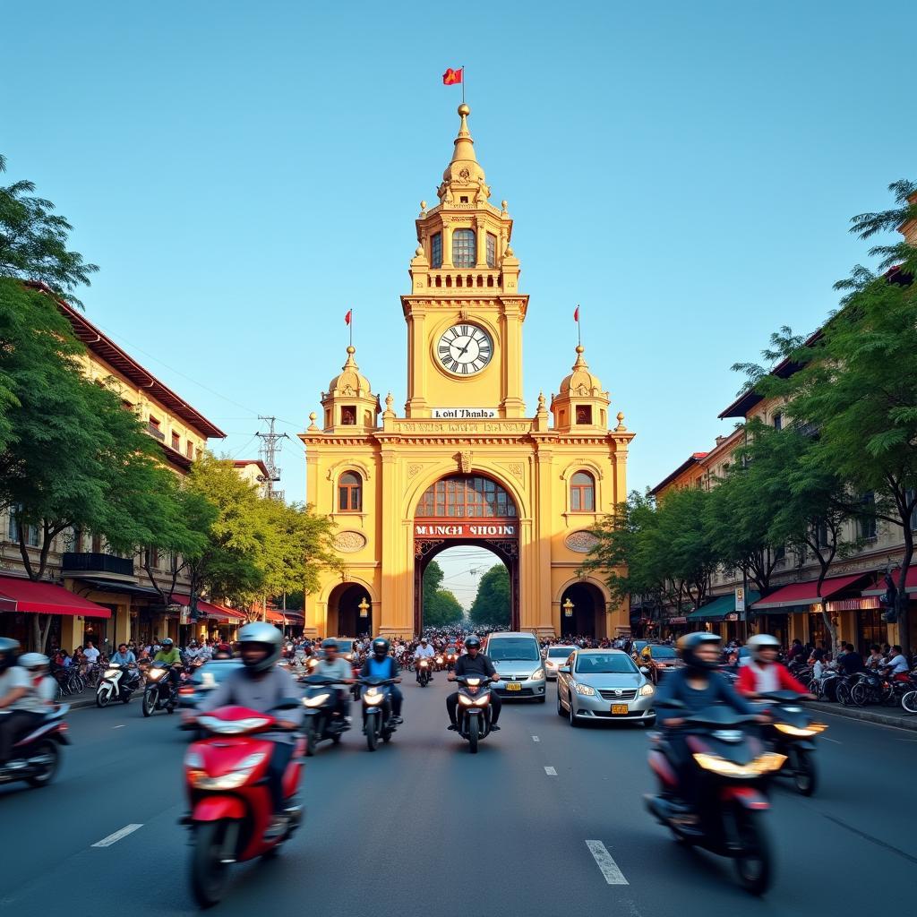 Toàn cảnh Chợ Bến Thành với tháp đồng hồ đặc trưng, biểu tượng kiến trúc và nhịp sống sôi động của Sài Gòn.