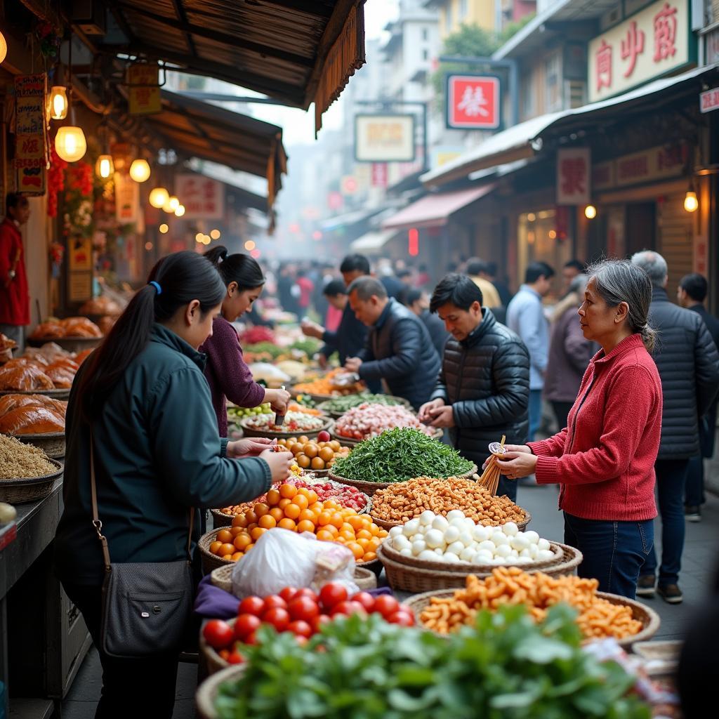 Quang cảnh Chợ Đông Đô sầm uất, người dân địa phương mua sắm thực phẩm và hàng hóa thiết yếu.