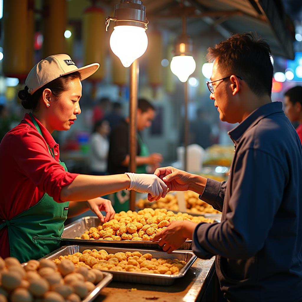 Quán ăn vặt đường phố Chợ Gia Lâm, người bán phục vụ khách giữa không khí mua sắm tấp nập.