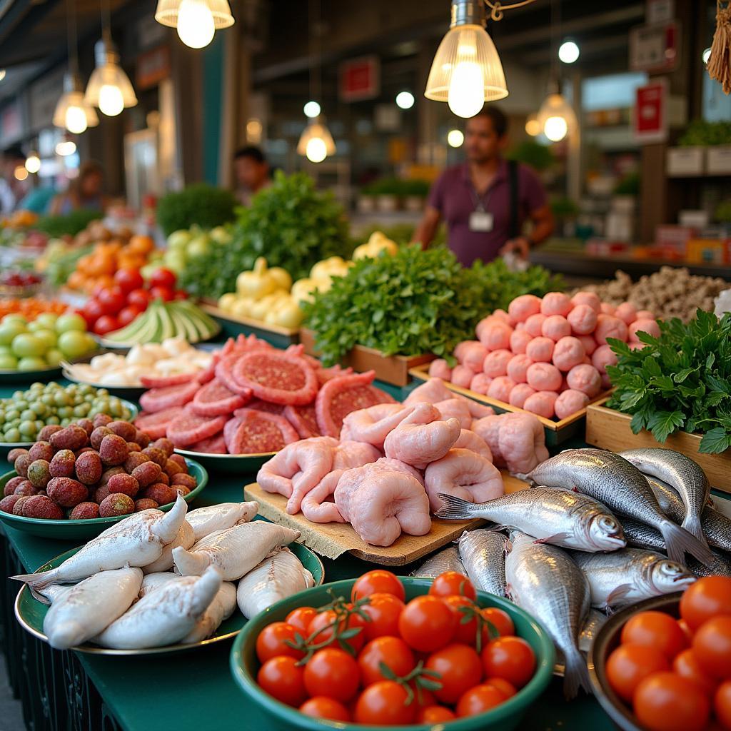 Khu vực thực phẩm tươi sống Chợ Gia Lâm bày bán đa dạng rau củ, thịt cá và hải sản tươi ngon.