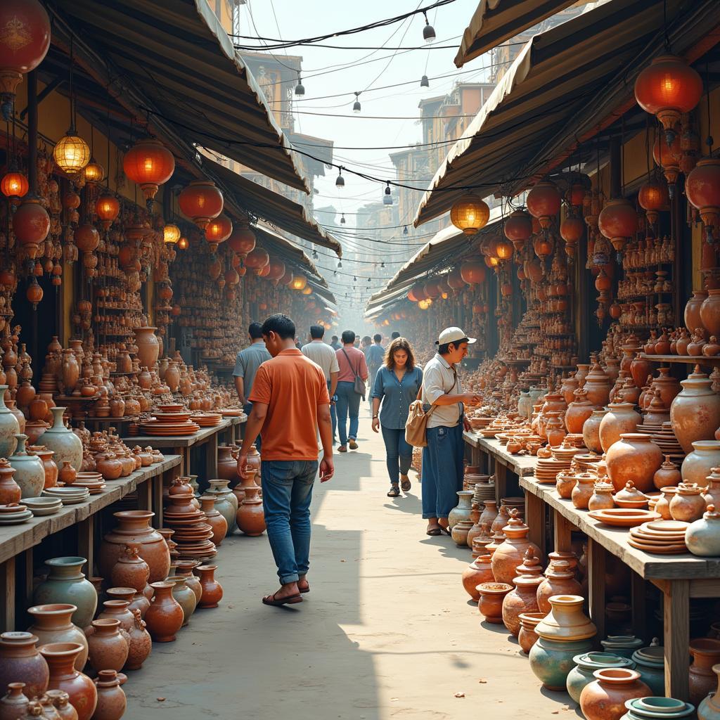 Hình ảnh khu chợ gốm sầm uất tại xã Bát Tràng với đa dạng sản phẩm gốm sứ bày bán thu hút du khách
