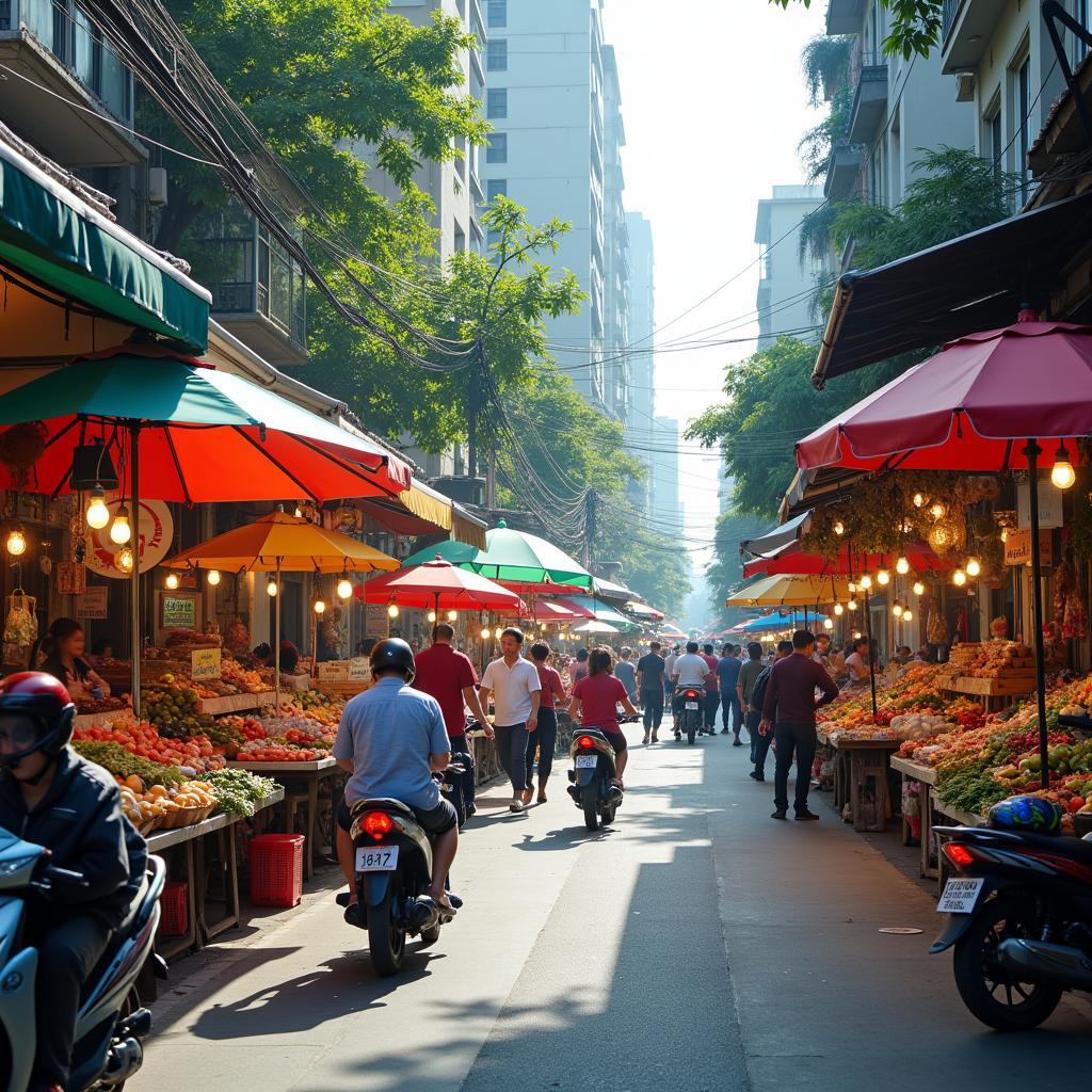 Toàn cảnh Chợ La Cả trên đường Lê Trọng Tấn, Dương Nội, Hà Đông tấp nập người mua kẻ bán.