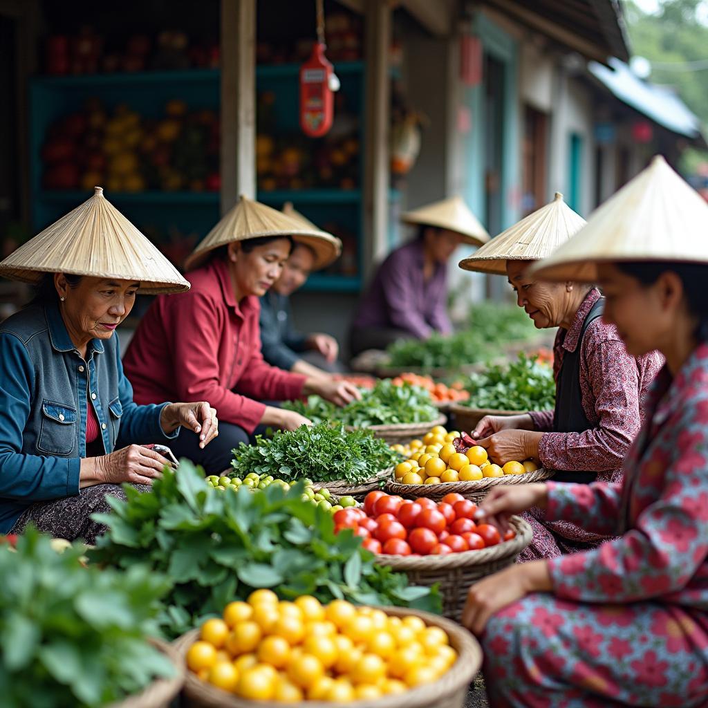 Một góc chợ quê nhỏ tại Đông Tiên Hưng với các bà, các mẹ đang bày bán nông sản địa phương như rau củ, hoa quả tươi.