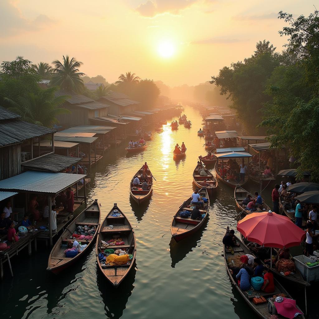 Toàn cảnh Chợ Rạch Ráng, Trần Văn Thời, Cà Mau nhộn nhịp ghe thuyền trên sông nước miền Tây vào buổi sáng