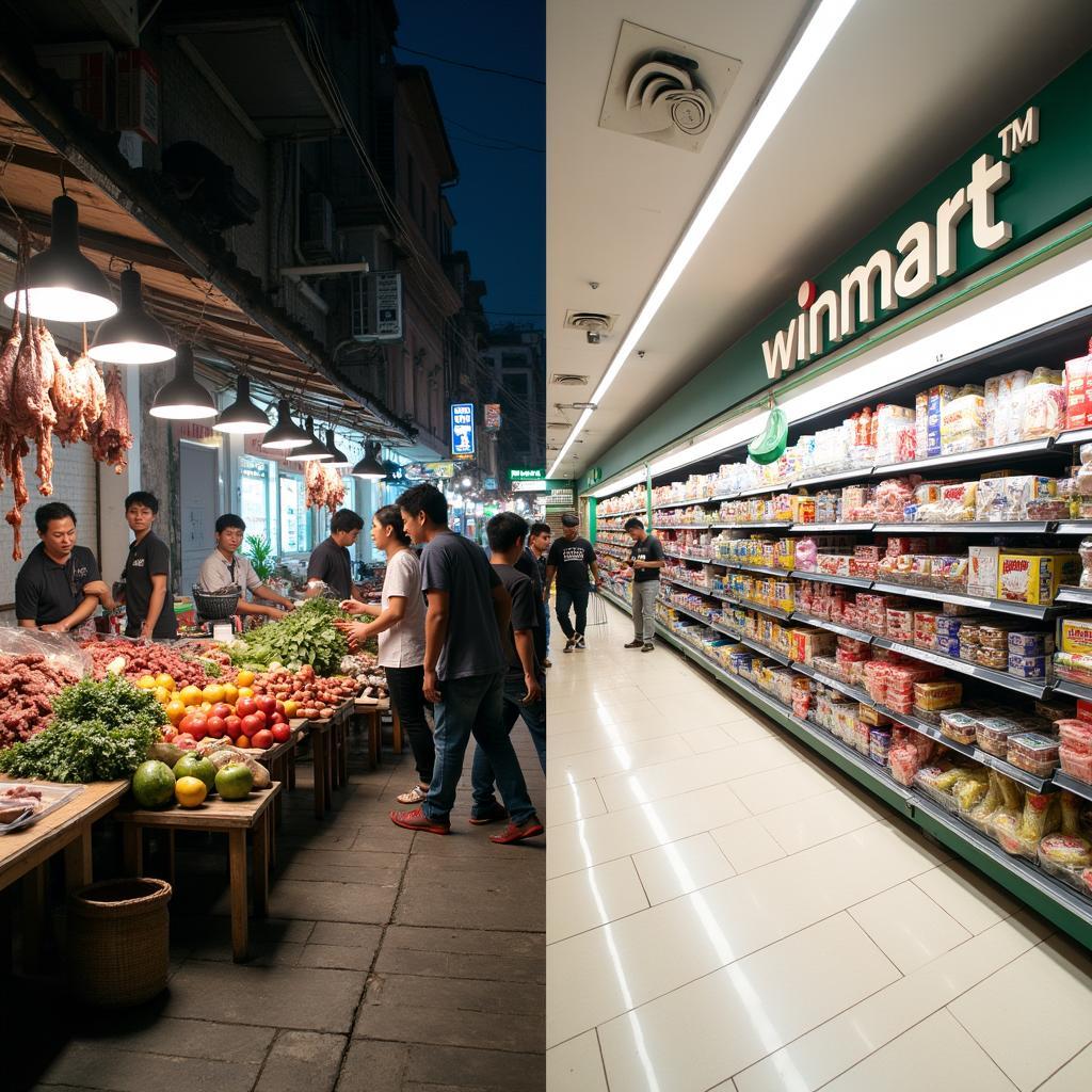 Cảnh mua sắm tại chợ truyền thống và siêu thị hiện đại ở phường Đại Mỗ.