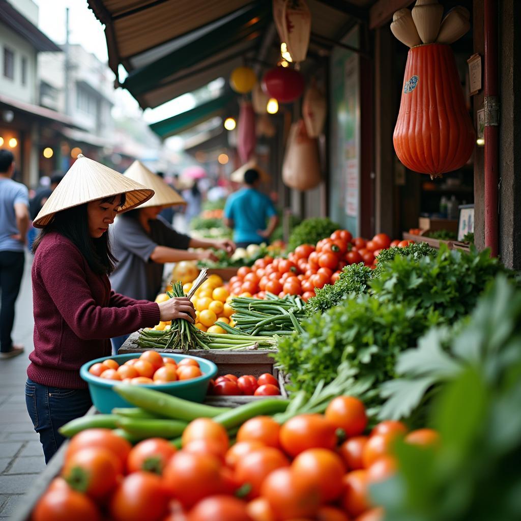 Khung cảnh nhộn nhịp tại một khu chợ truyền thống ở Phường Tân Hiệp, nơi người dân địa phương mua sắm thực phẩm tươi sống