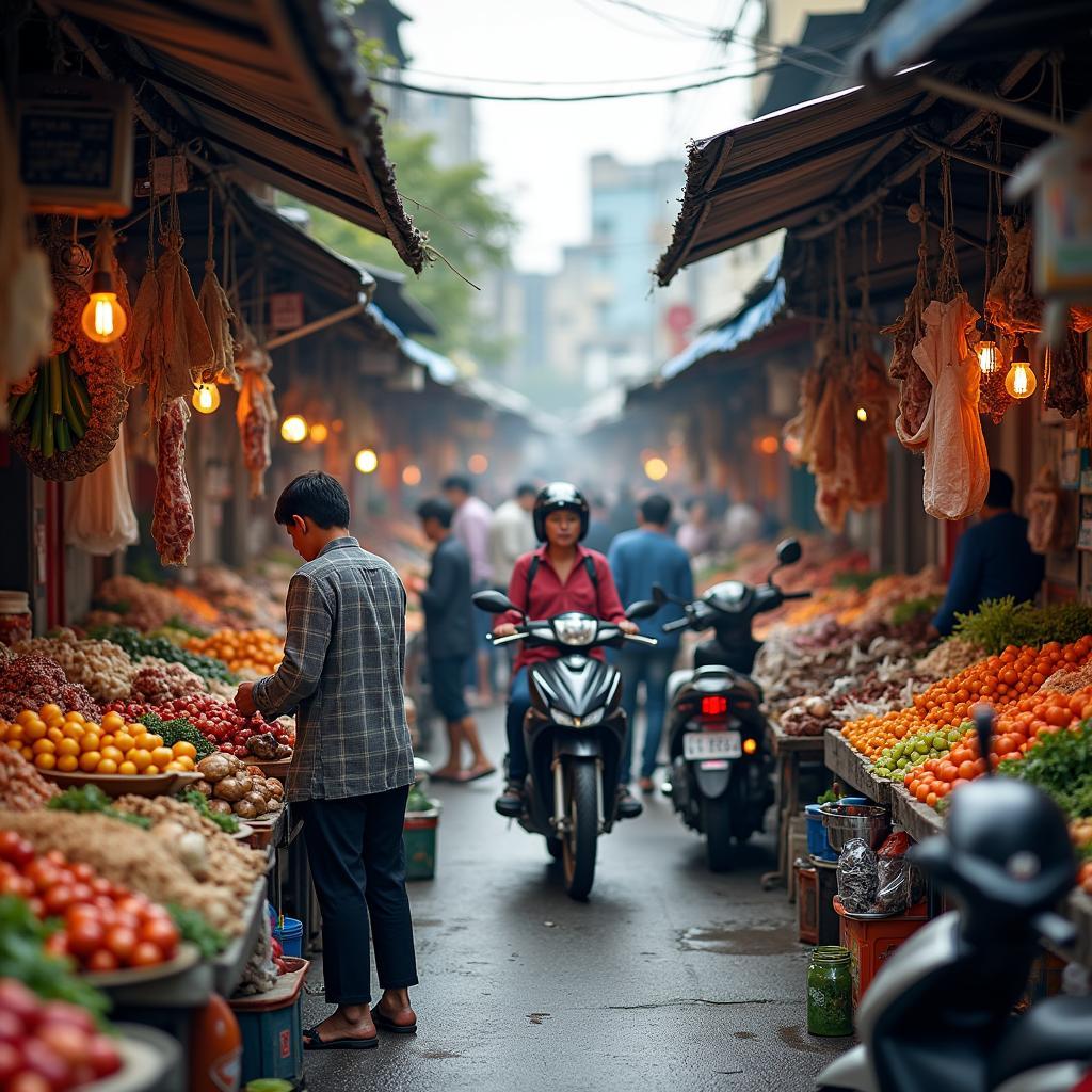Quang cảnh tấp nập tại một khu chợ truyền thống ở xã Đông Thạnh, cung cấp thực phẩm tươi ngon