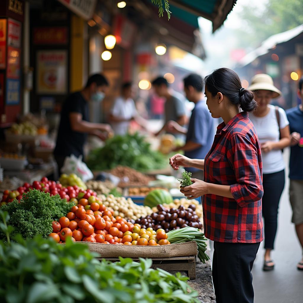 Chợ truyền thống nhộn nhịp với người dân mua bán tại Xã Đông Anh, Hà Nội
