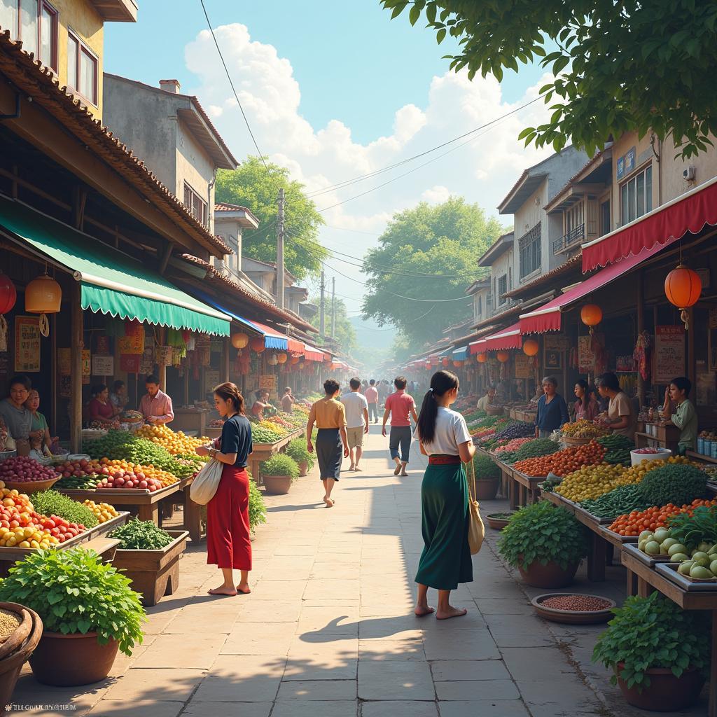 Khung cảnh nhộn nhịp tại Chợ Vĩnh Trụ, Huyện Lý Nhân, Tỉnh Hà Nam với nhiều gian hàng và người mua bán