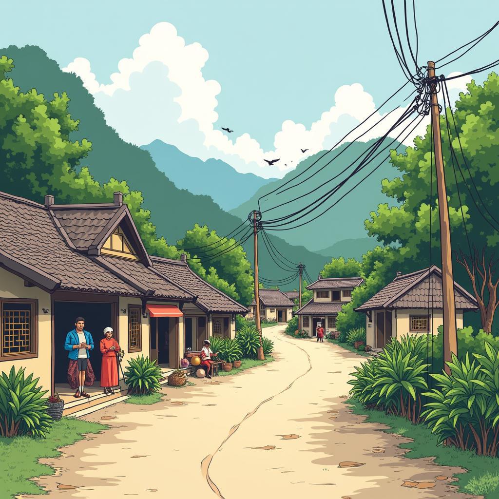Hình ảnh trung tâm xã Kim Long với chợ nhỏ tấp nập hoặc con đường đi qua vườn cây xanh mát.