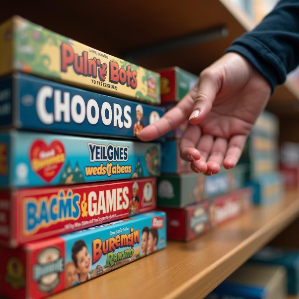 Bàn tay của một người đang lựa chọn giữa nhiều hộp board game khác nhau được xếp trên kệ, thể hiện sự cân nhắc khi chọn trò chơi